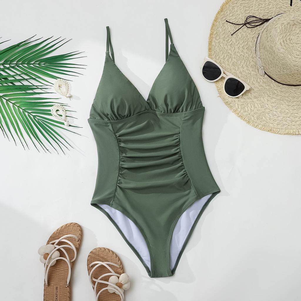 Damen Badeanzug Einfarbig V-Ausschnitt Plissee Slim Einteiliger Badeanzug Bikini Anzug Strandbekleidung Badeanzüge