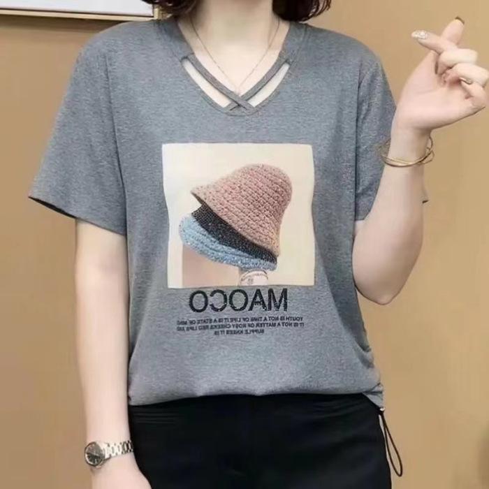 Loose and Versatile T-shirt, Fashionable Letter Design, V-neck, Middle-aged and Elderly Mothers Wear Tops
