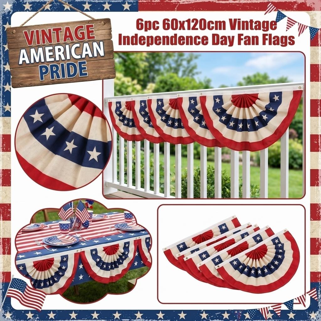 6er-Set 60x120cm Vintage Stil Amerikanische Fächerförmige Flaggen-Girlande für Gedenktag und Unabhängigkeitstag Dekoration