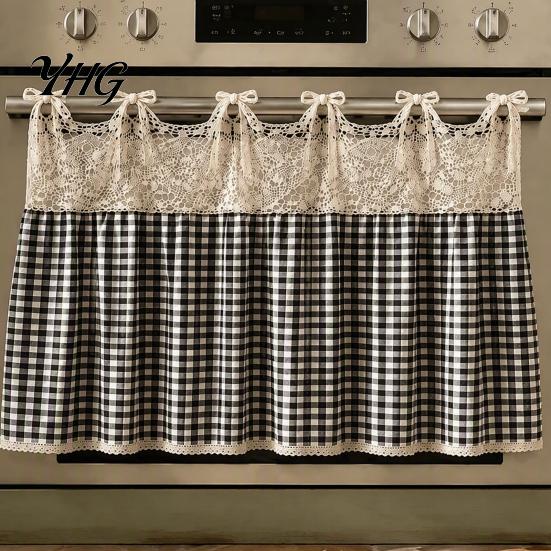 Vintage Plaid Oven Handle Trim Farmhouse Stove Skirt, Crochet Lace Curtain, Kitchen Appliance Shield Skirt Curtain with Ties for Cottage Decor