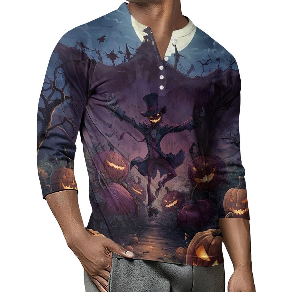 Men's Button-Down Contrast Raglan 3/4 Sleeve Top