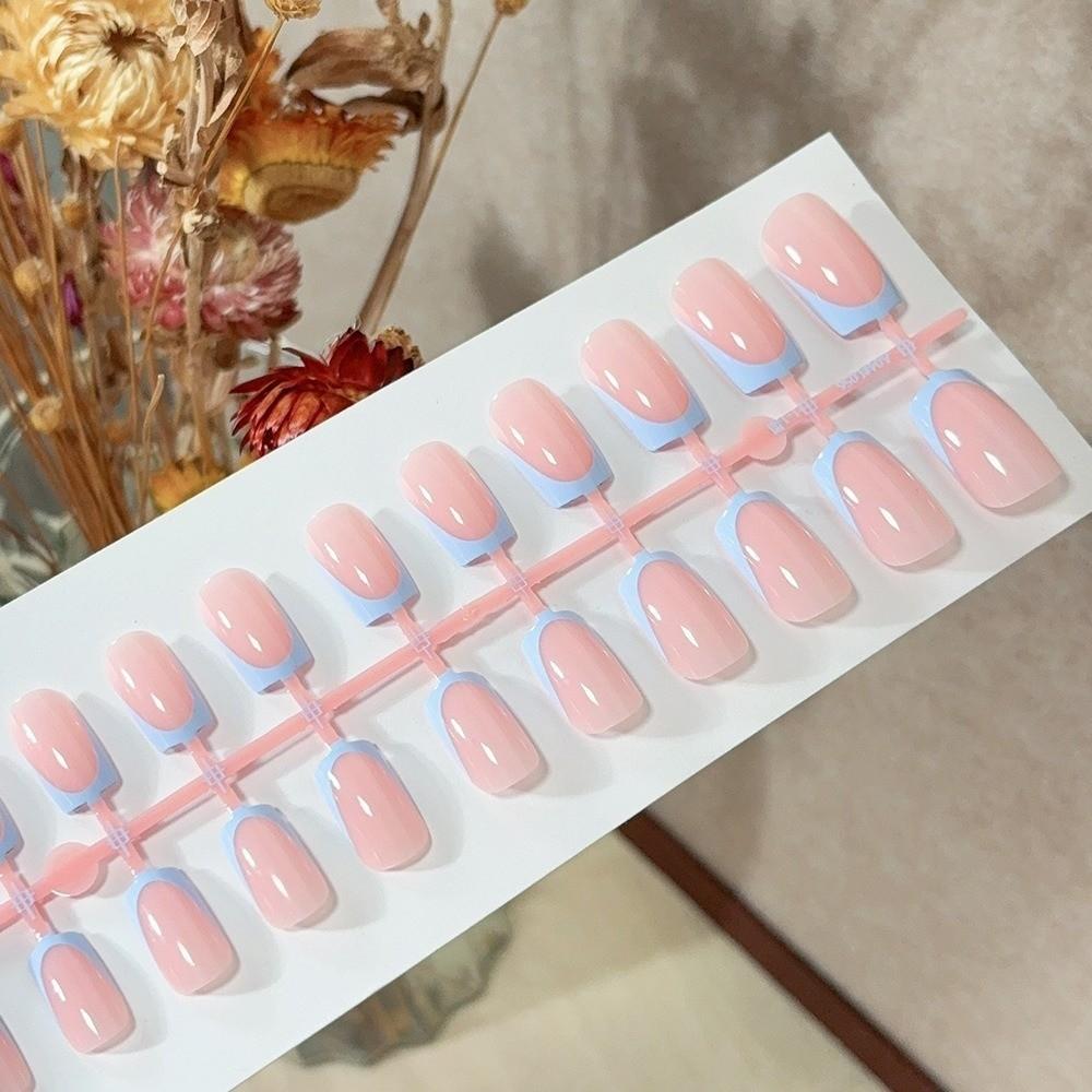 120Pcs Fashion White Edge Press On Nails Square Shape Medium Length False Nails Nude Pink Glossy Finish Fake Nails