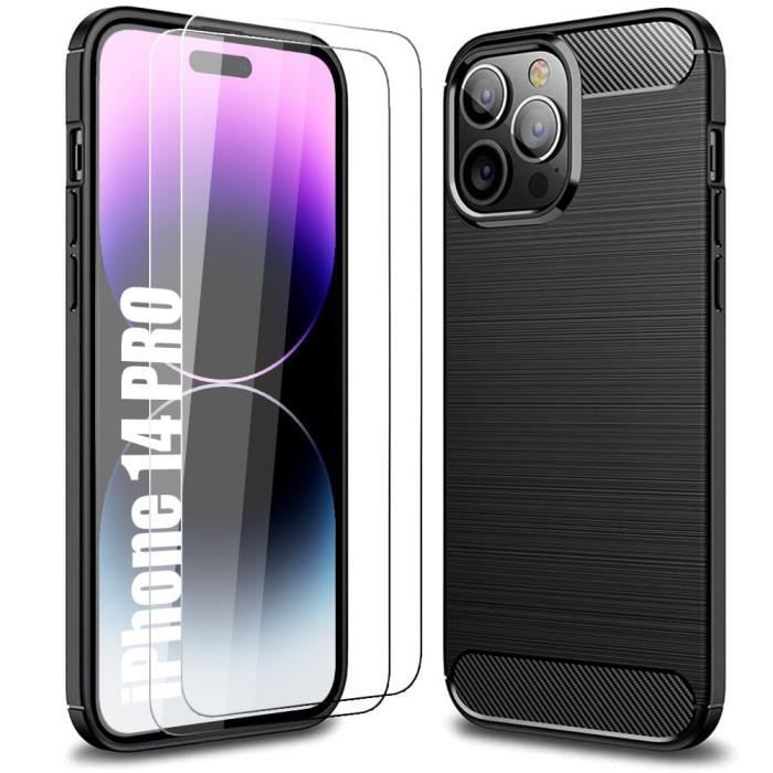 Coque pour iPhone 14 Pro - Silicone - Léger - Noir - Protection 360° - 2 Verres Trempés