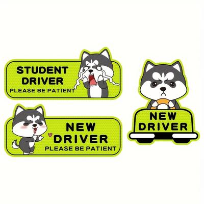 3 pièces Autocollants mignons chiot Nouveau conducteur pour voiture, Autocollants magnétiques réfléchissants, Autocollants d'avertissement de sécurité, Autocollants essentiels pour nouveau conducteur