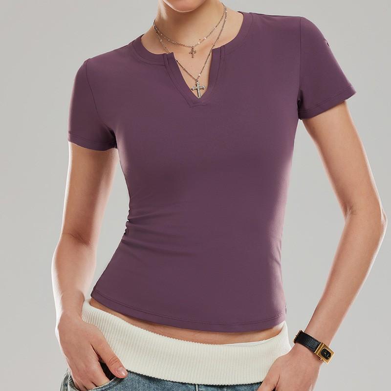 Womens V-Neck Slim Fit Short Sleeve Athletic Top Running Yoga Fitness Training Sportswear