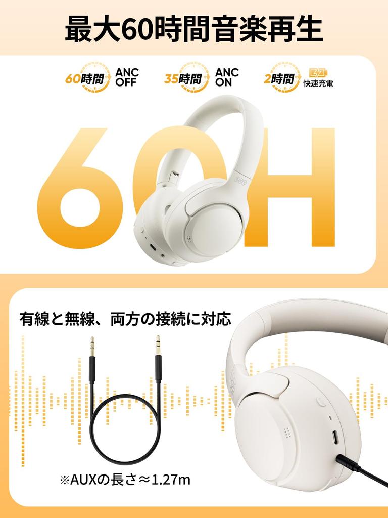 QCY H3 Wireless Noise Bluetooth Audio Support Noise Reduction Up To Wired and Up To 60 Hours of Music Ambient Sound Comfortable App White Headphones,