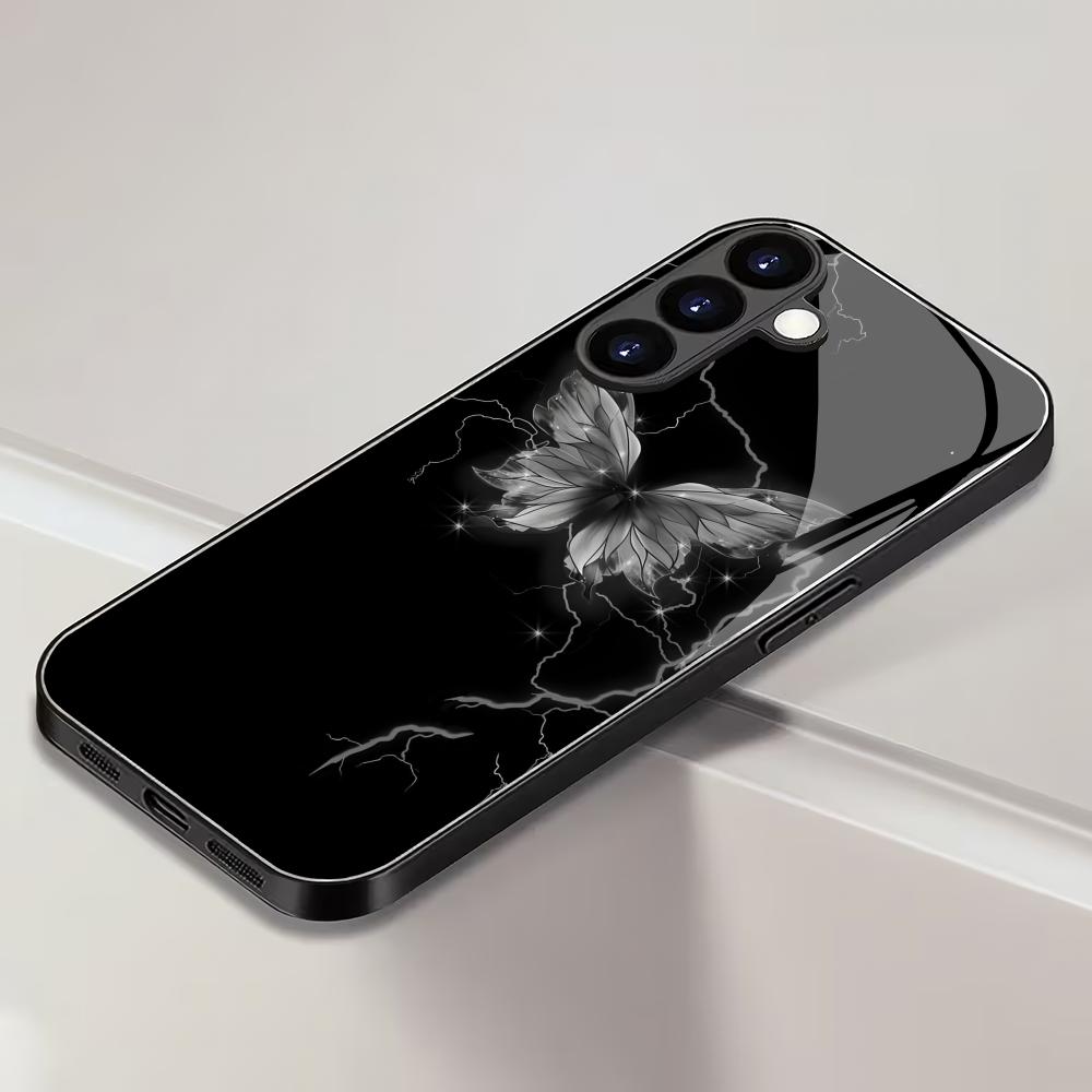 Black Butterfly Pattern Tempered Glass Phone Case Suitable for Samsung GalaxyS26 S25 S24 S23 S22 S21 S20FE/Ultra/Plus5Ganti Drop
