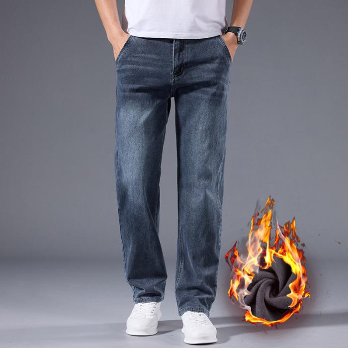 Men's Winter Warm Fleece Lined Thick Stretchable Business Casual Jeans Lightweight Trousers Office Wear