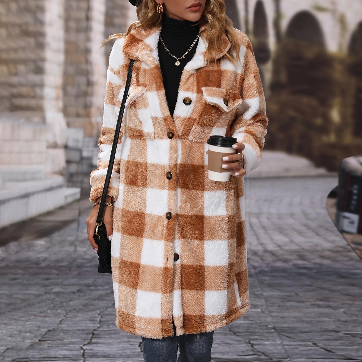 

GMXIA Fashion Autumn and Winter Women s Lapel Long-sleeved Loose Checkered Single-breasted Long Plush Casual Coat XL