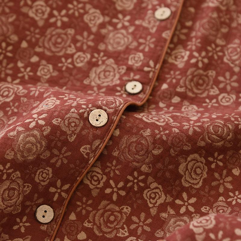 Yarn-dyed Floral Cotton Lapel Cardigan Long Sleeve Retro Home Clothes Set