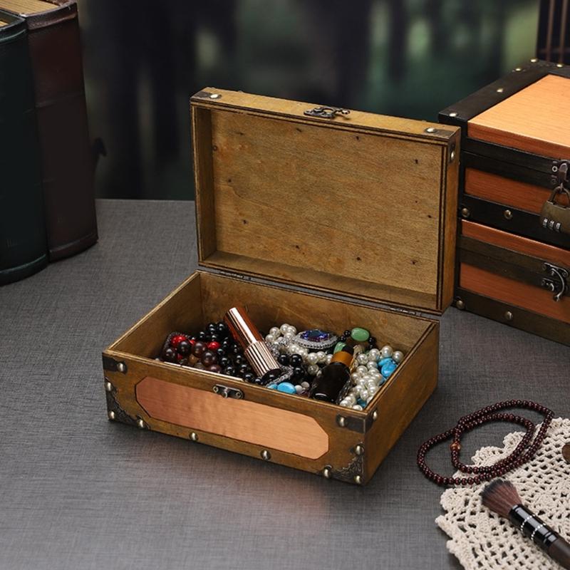 Vintage Wooden Keepsakes Chest with Lock Mechanism Antique Jewelry Storage Box Lockable Small Accessories Container
