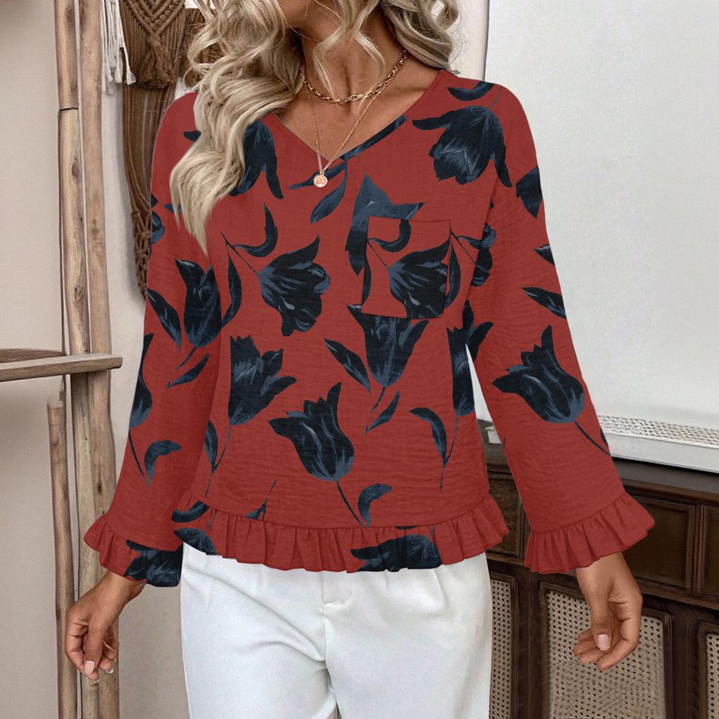 Women's Casual Fashion Ruffled V-Neck Pocket Floral Print Long Sleeve Top