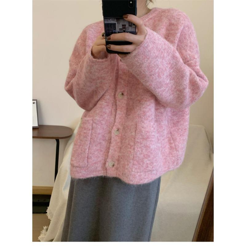 Autumn and winter new gentle soft waxy knitted cardigan women's loose lazy wind crew neck sweater jacket top