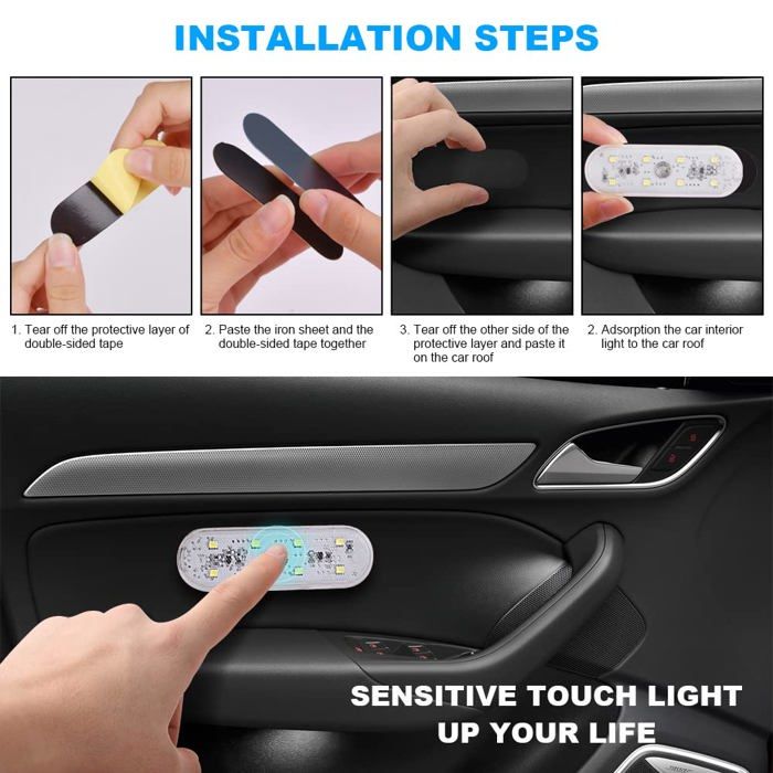 Car Interior Lighting, 2PCS 8 LED White Light Touch Switch Interior Car Lamp, Wireless Car Interior LED