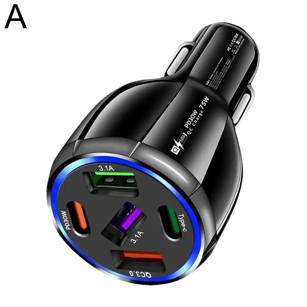 Car Charger 5 Port USB Type C 75W PD Phone Charger Quick Charge 3.0 Fast Charging Power Adapter For IPhone Samsung H U6Q0