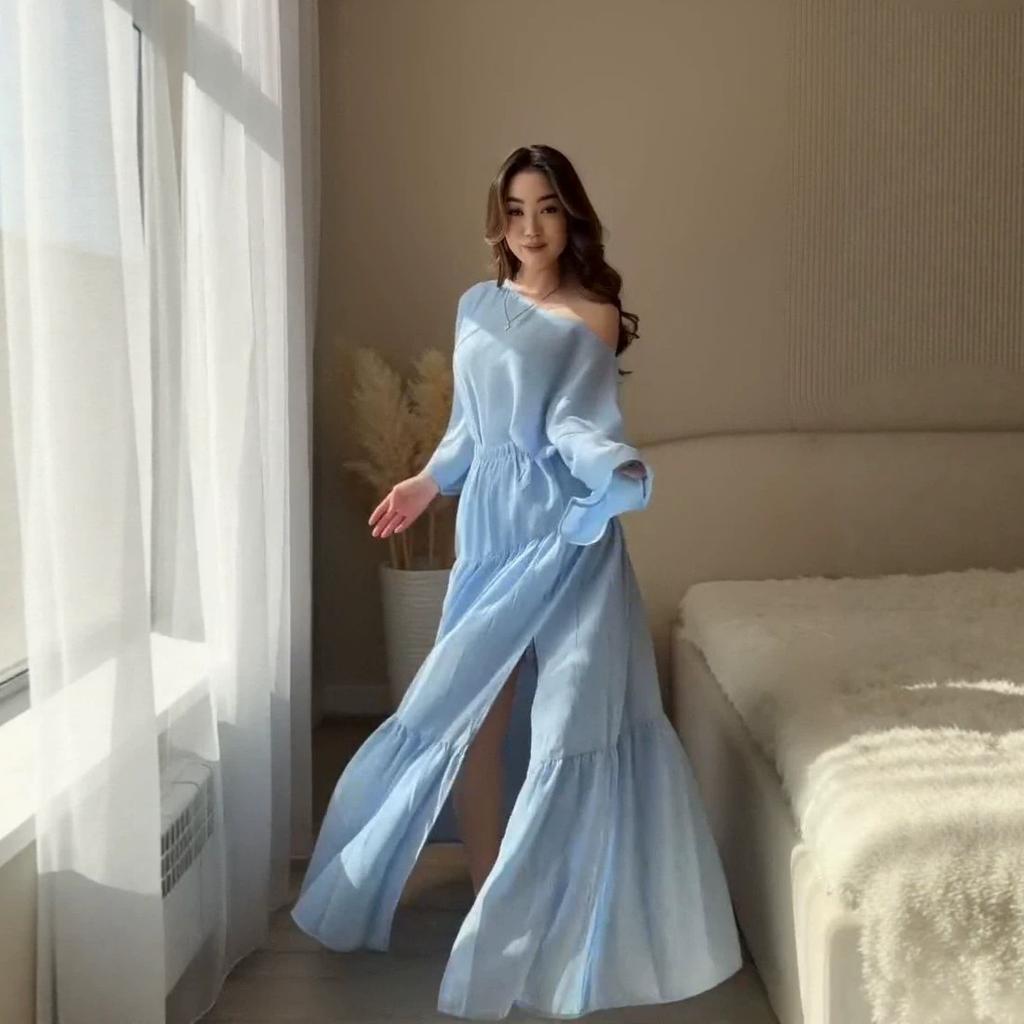  European and  women's clothing new diagonal collar long-sleeved loose top high waist layered split long skirt set