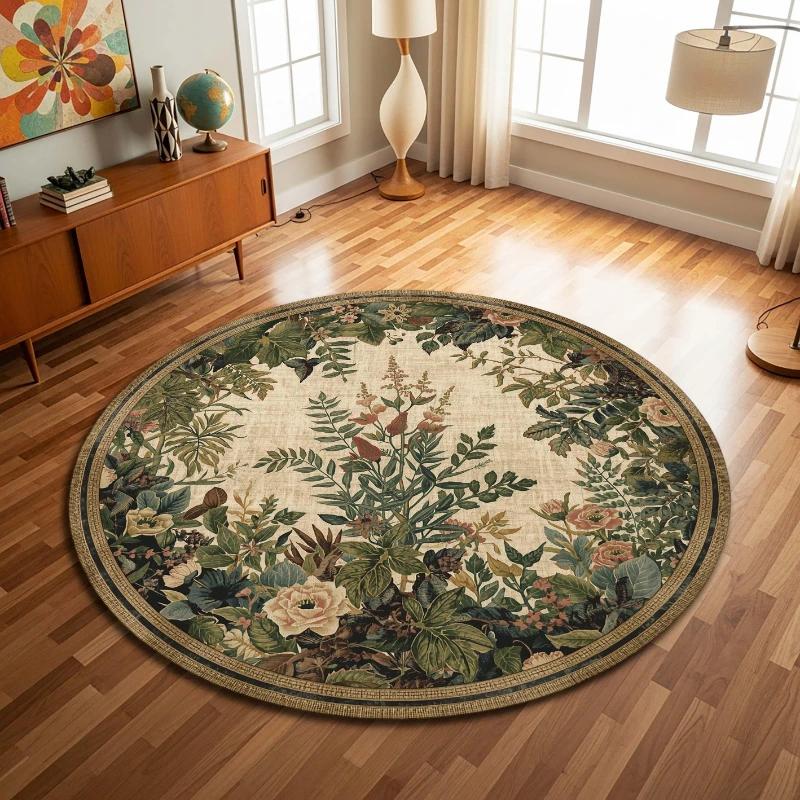 Round Botanical Floral Area Rug for Living Room Boho Chic Style Indoor Decor Natural Greenery Design