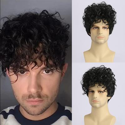 Men Synthetic Short Wigs Stylish Black Curly Hair With Bangs for Daily Cosplay Costume High Temperature Fiber