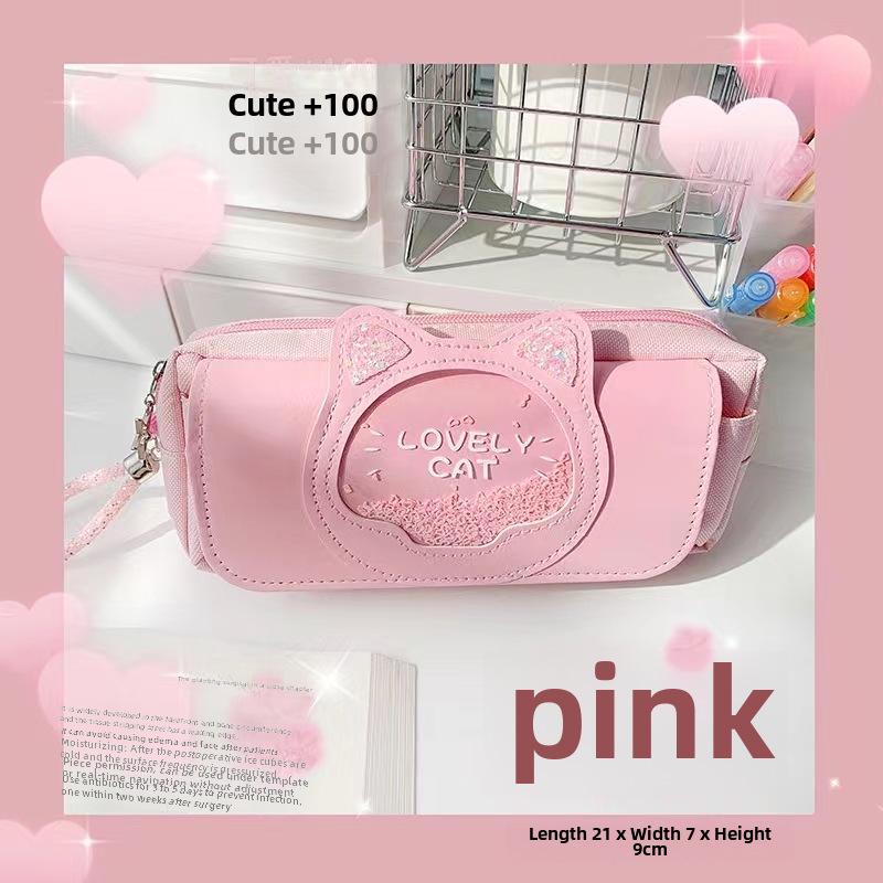 Quicksand Cat Canvas Pencil Case: Cute Korean-Style Three-Layer Stationery Bag for Female Students.