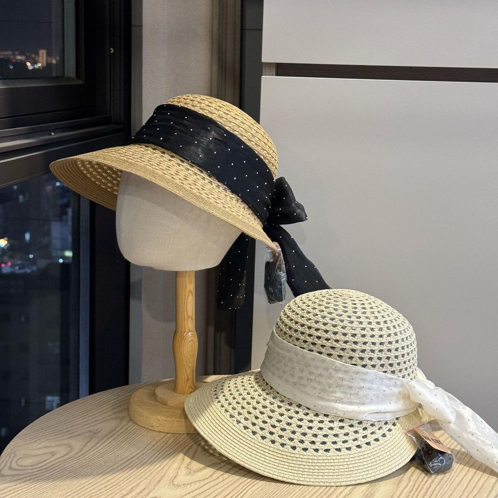 New Summer French Polka Dot Bow Fisherman Hat for Women, Sun Protection Sunshade Hat for Travel, Vacation, Hepburn Style Straw Hat