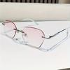 Elegant Rimless Hexagonal Reading Glasses, Blue Light Blocking, Polycarbonate Lens, Rhinestone Embellished, with Metal Hinge