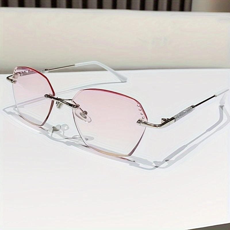 Elegant Rimless Hexagonal Reading Glasses, Blue Light Blocking, Polycarbonate Lens, Rhinestone Embellished, with Metal Hinge