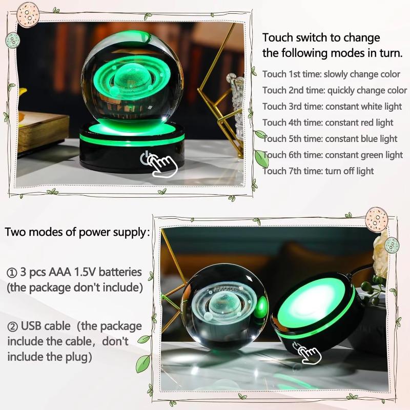 3D Saturn Planet Crystal Ball Night Light with LED Colorful Lighting Touch Base 6cm Saturn Lamp Glass Sphere Lamp Astronomy Space Christmas Ornaments