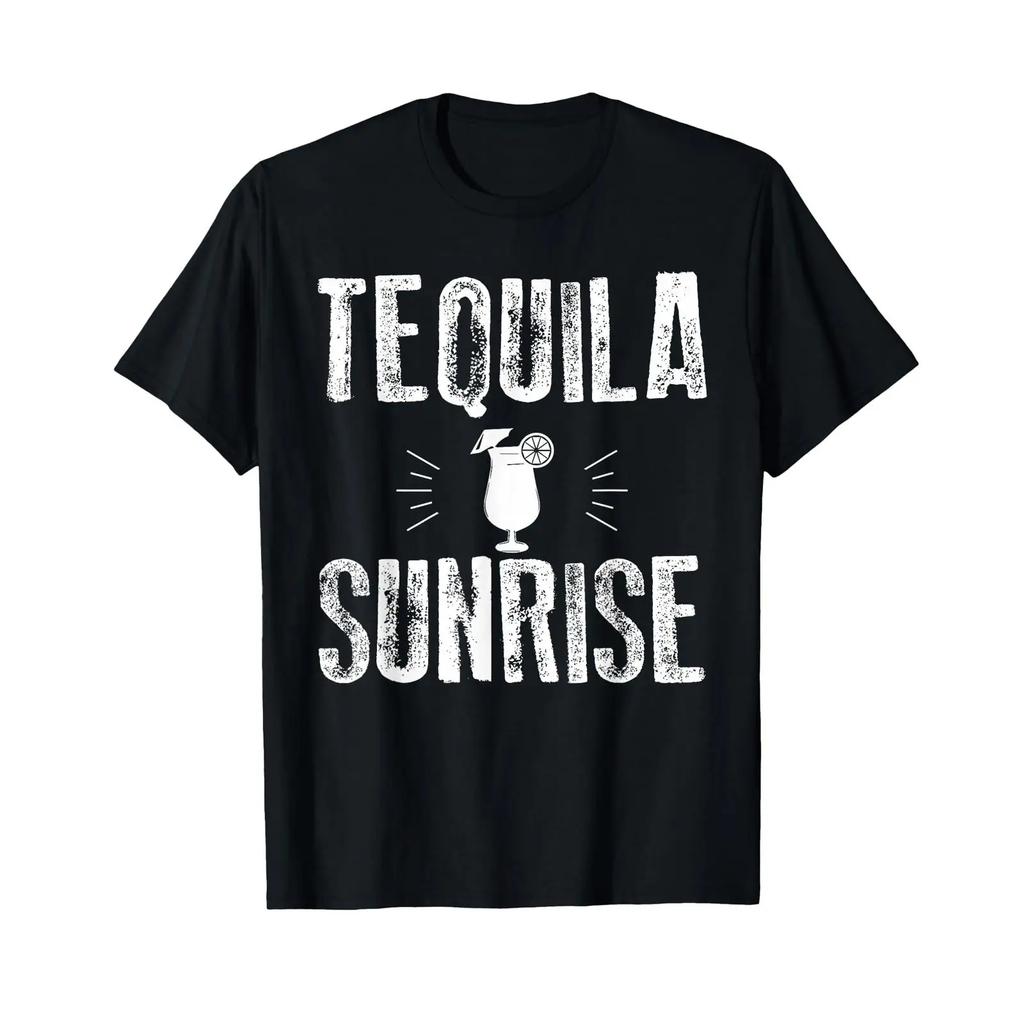 Tequila Sunrise Fun Sunset Design T Shirt Black Vintage Washed Soft Homme Unisex Versatile Slightly Fashion Streetwear Casual