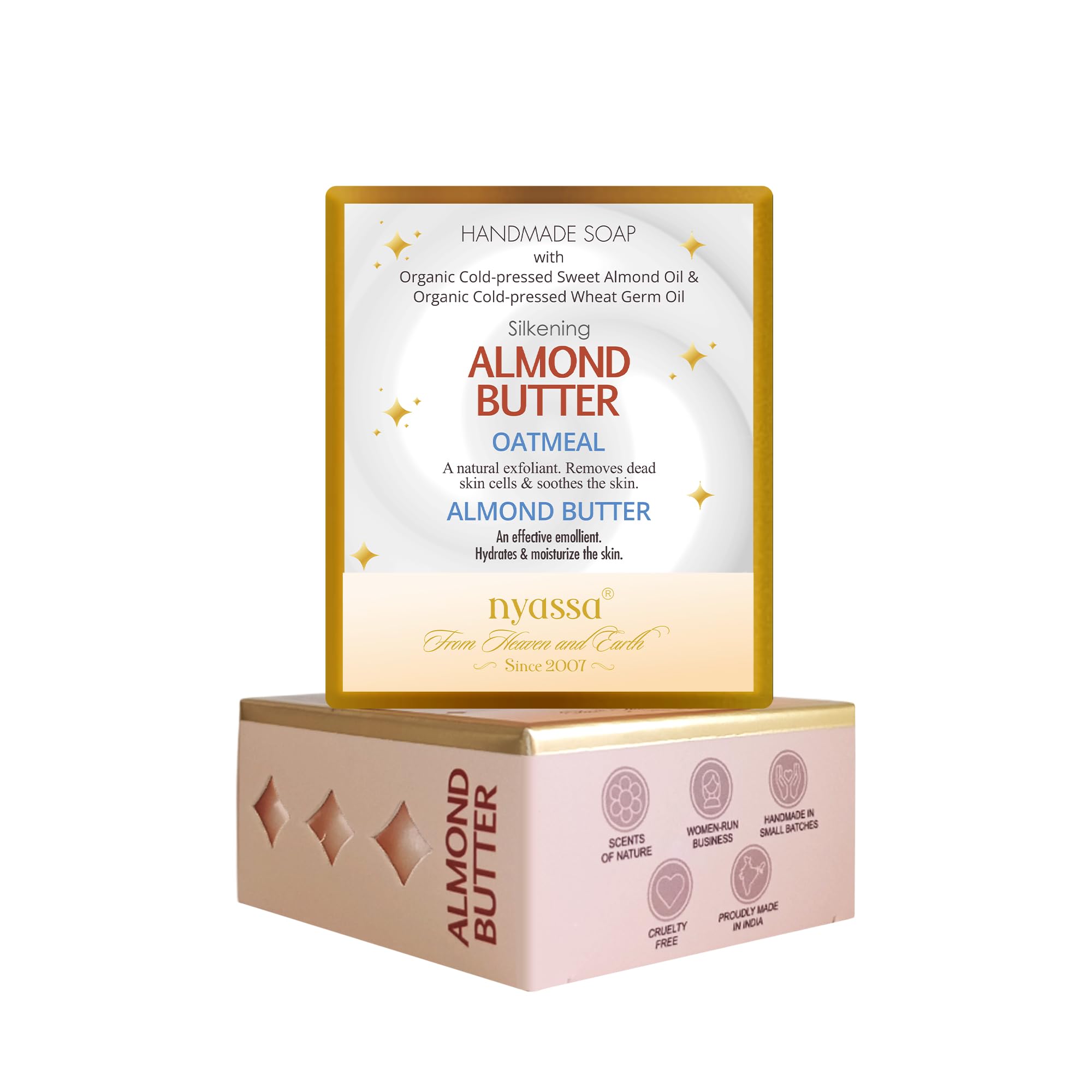 Nyassa Almond Butter Luxurious Handmade Soap|Warm Aroma|Natural ingredients|Almond butter, Oatmeal&Honey|No Paraben, Cruelty Free| 150gm