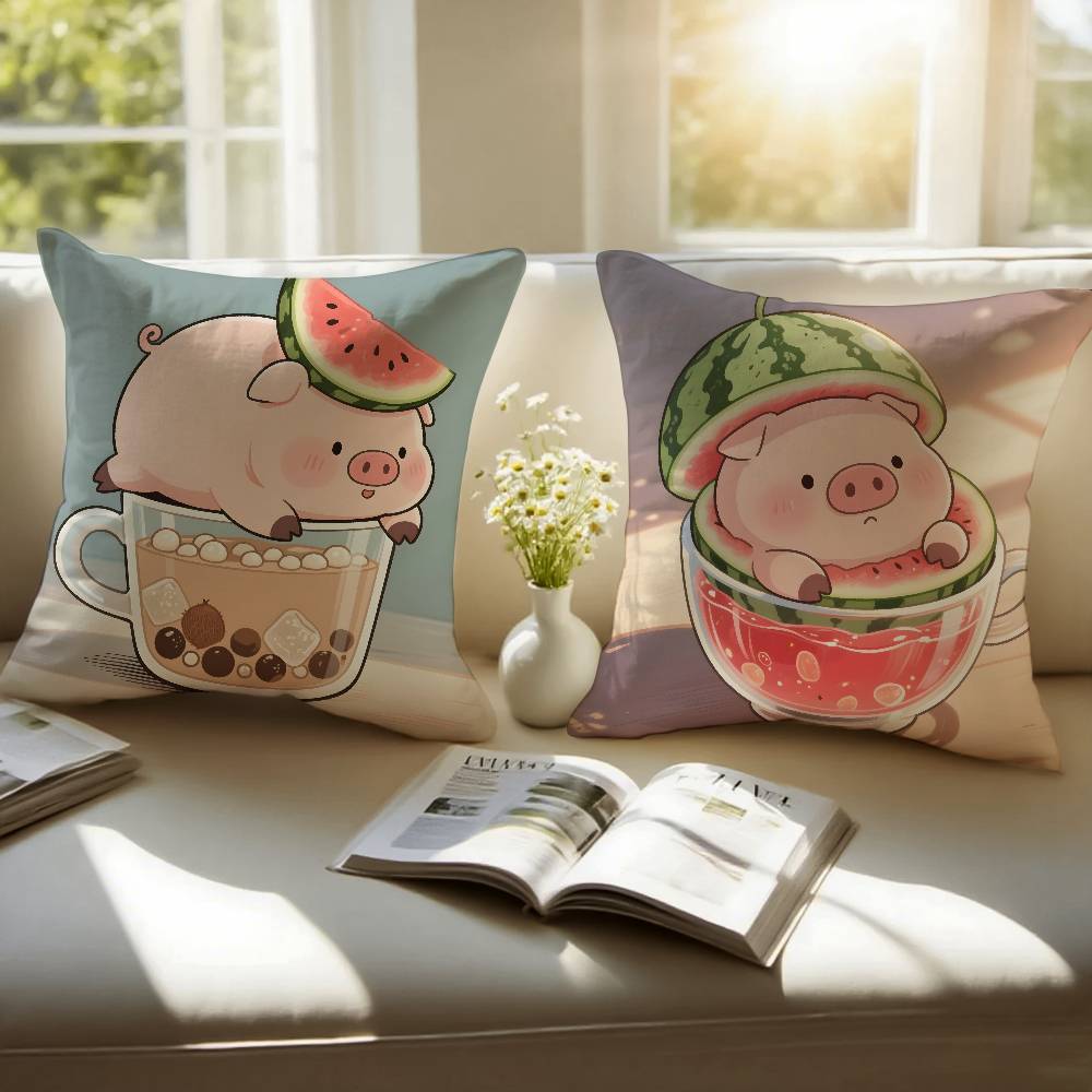 Happy Accompanying Pig Summer Pattern Pillow Case Anti-dustmite Pillowcase Invisible Zipper Silky Short Plush Sofa Cushion Cover