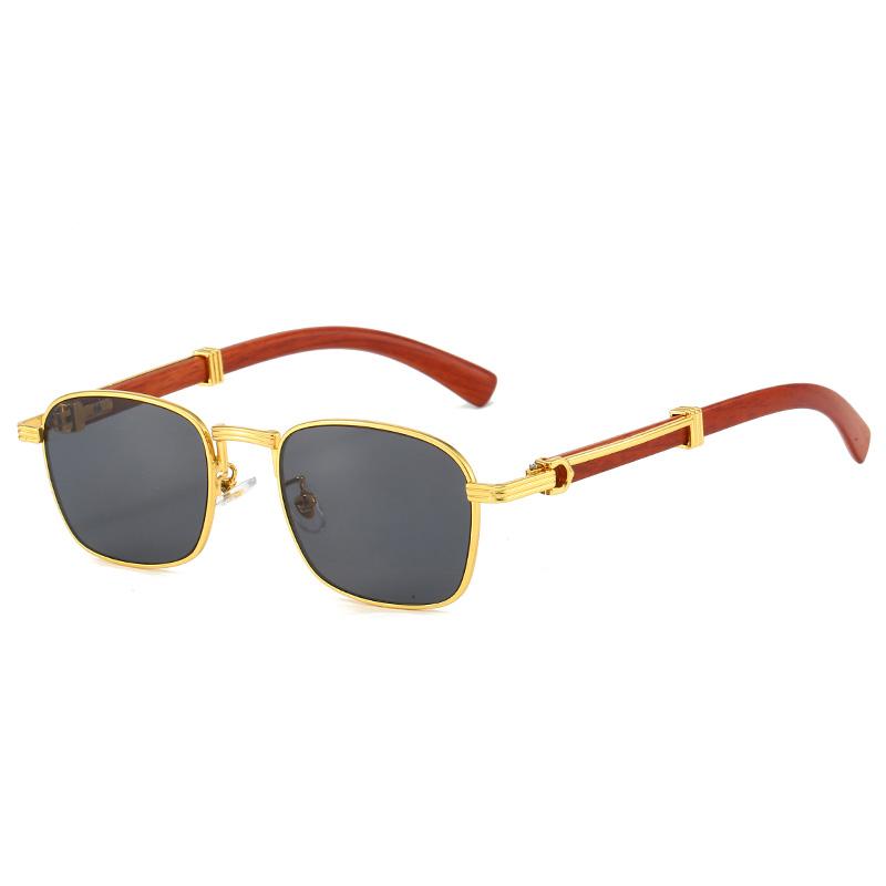 HBK Vintage Small Round Frame Alloy Sunglasses with Wooden Temples Gradient Lenses