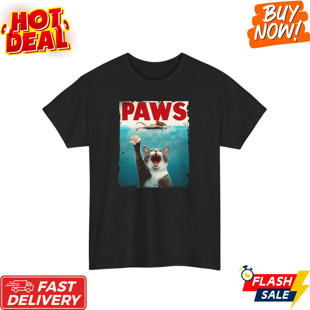 Paws Parody T-Shirt Funny Cat Jaws Inspired Graphic Tee Shark Spoof Top S-5XL Unisex T-Shirt S