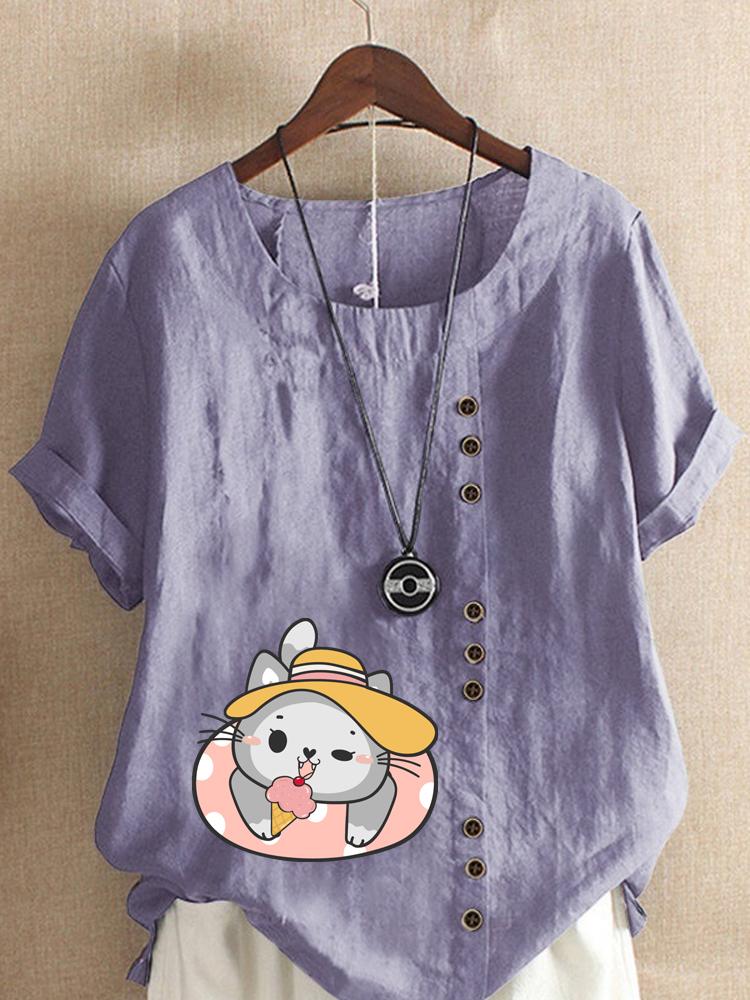 Women's Fashion Cat Print Shot Sleeve T-shirt Loose Cotton Shirt Casual Loose Summer Blouse Tops Plus Size