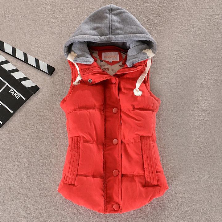 Dames Herfst en Winter Kort Warm Vest met Capuchon Plus Size Opstaande Kraag Slim Zakjas