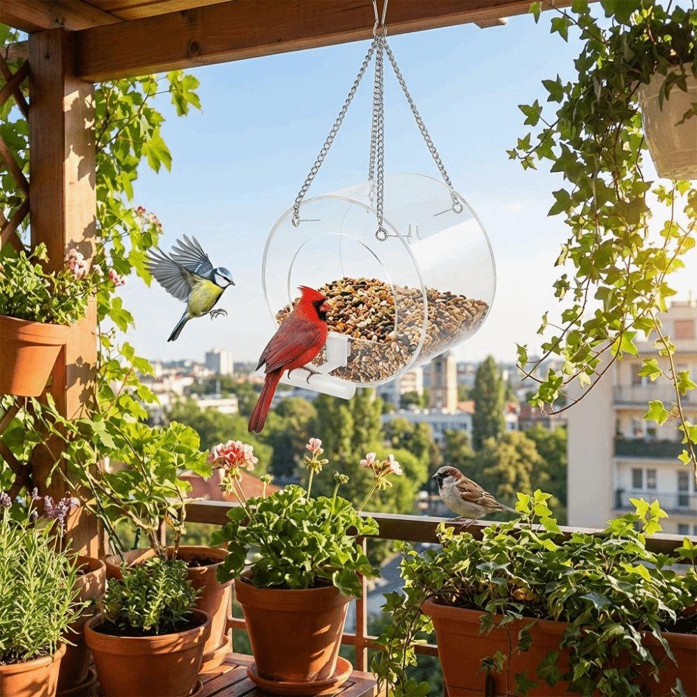 Wasserdichter hängender Acryl-Vogelfutterspender Starke Saugnapf Transparente Wildvogelhaus Große Kapazität mit Haken