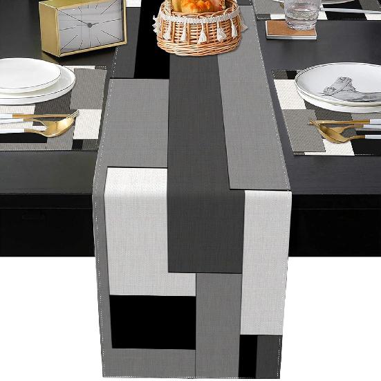 Emvency Black Grey Table Runner and Placemats Set of 6, Modern Geometric Abstract Painting Art Dining Table Decor for Daily Use(1 Table Runner 72