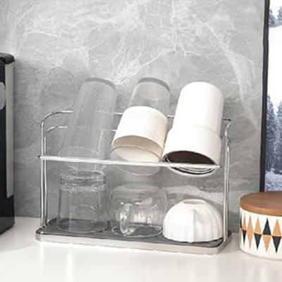 2 Tier Bottle Drying Rack with Drain Tray Slanted Design Cup Organizer Space Saving Stainless Steel Cup Storage Rack Water Bar