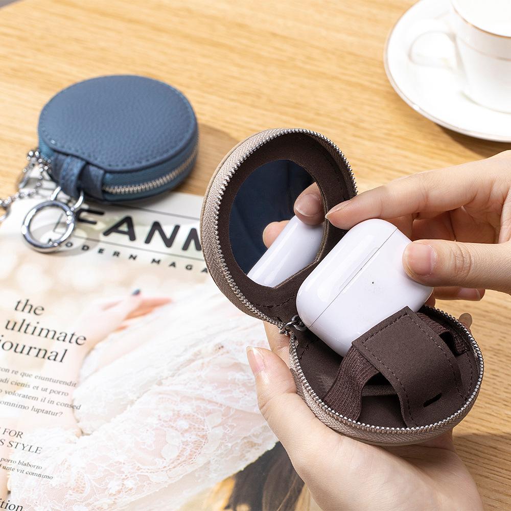 New Head Layer Leather Portable Lipstick Storage Bag With Mirror Round Bluetooth Earphone Pouch Pendant Keychain Pendant Charm