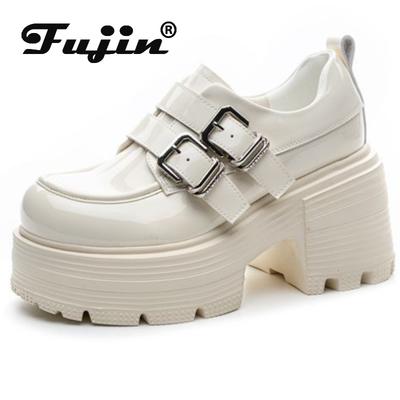 Fujin 9cm Patent Leather Boots Autumn Female Platform Wedge Flats Women High Brand Boots Casual Spring Pumps Mary Jane Shoes