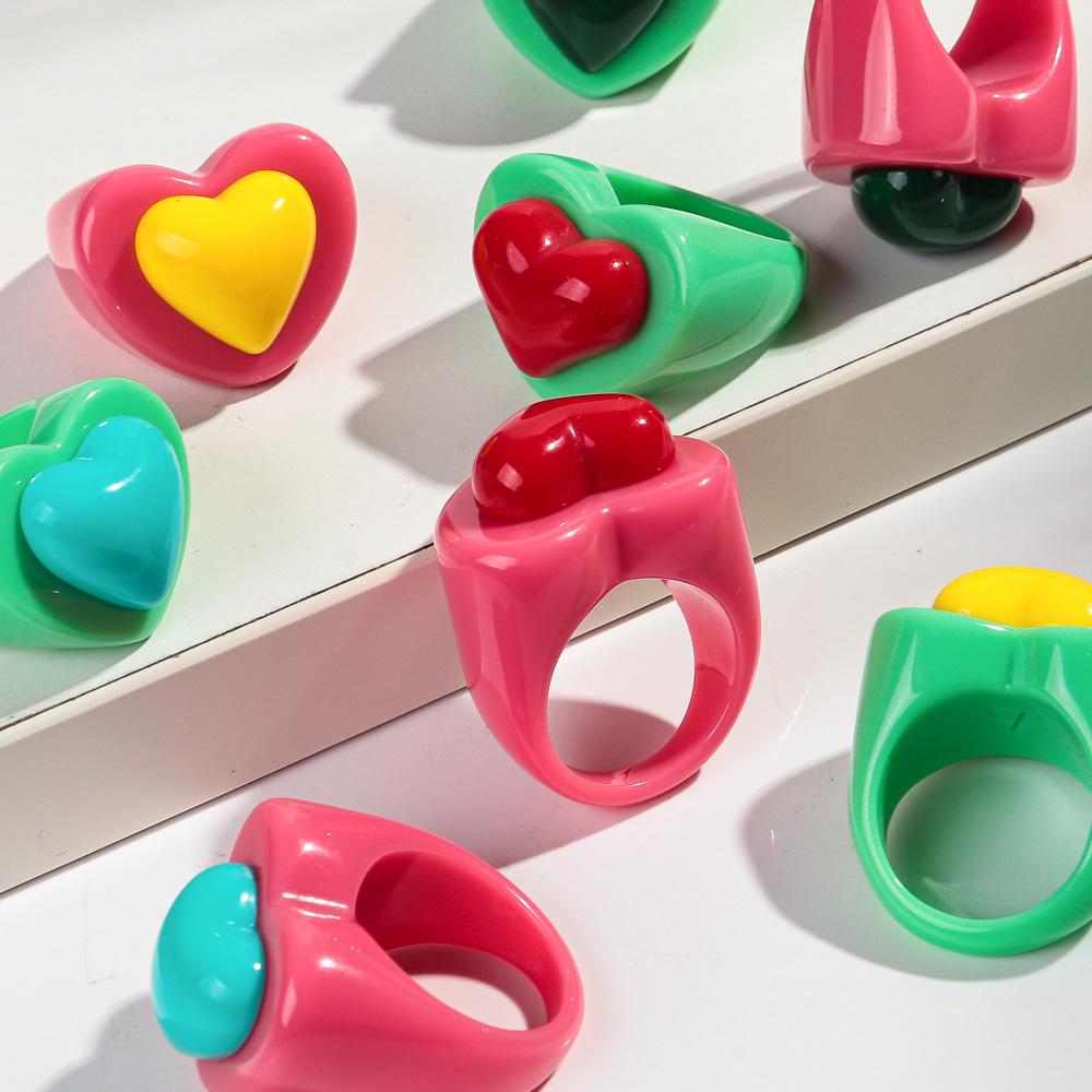 Cute Chunky Heart Acrylic Finger Rings for Women Trendy Multicolor Resin Love Bowknot Stack Ring for Women Party Jewelry Gifts