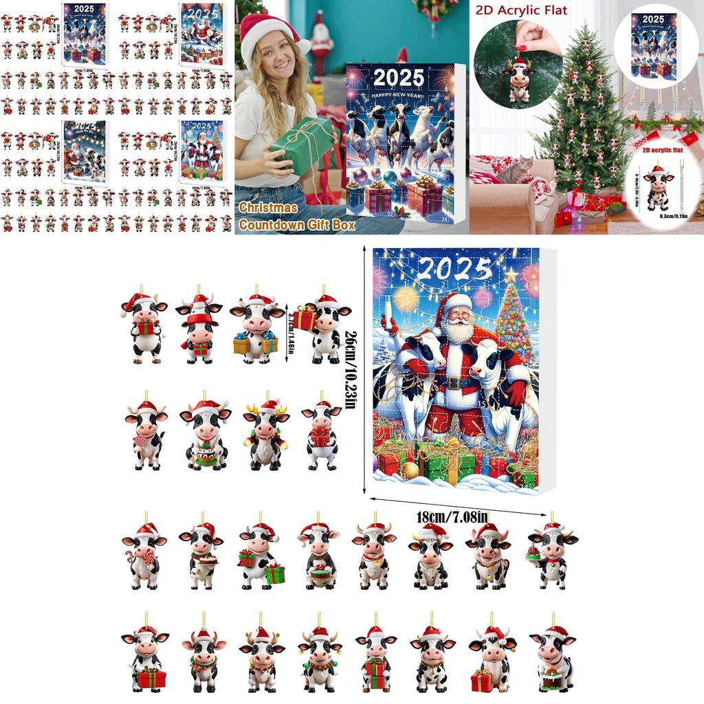 Boîte Aveugle Compte à Rebours de Noël Ornement Ferme de Vaches Avec Décorations Acryliques Pour Décoration d'Arbre de Fête