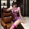 Purple Night Tide Romantic Lace Strappy Mesh Lingerie with Open Crotch