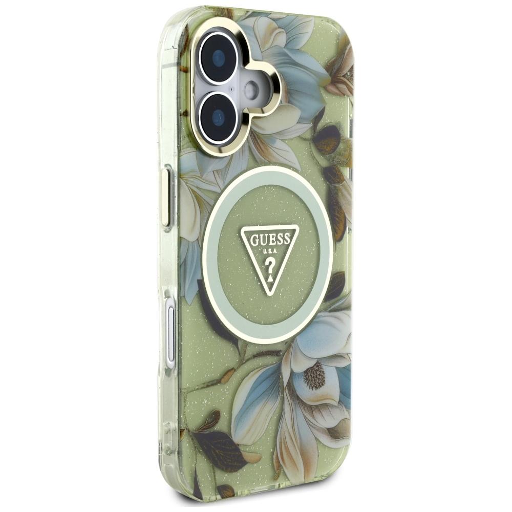 Etui Guess Glitter Flowers Triangle      Buttons Magsafe Do Iphone 16 Zielony