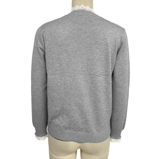 Women Sweater Round Neck Buttons Half Placket Long Sleeve Knitting Tops Solid Color Lace Trim Jumper Tops Casual Wear