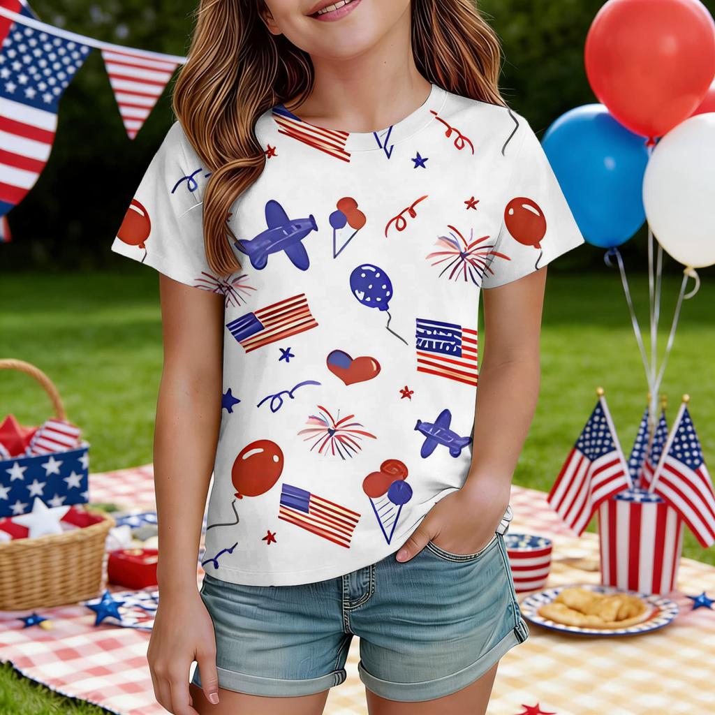 Kids Independence Day Print Round Neck Short Sleeve Casual T-shirt