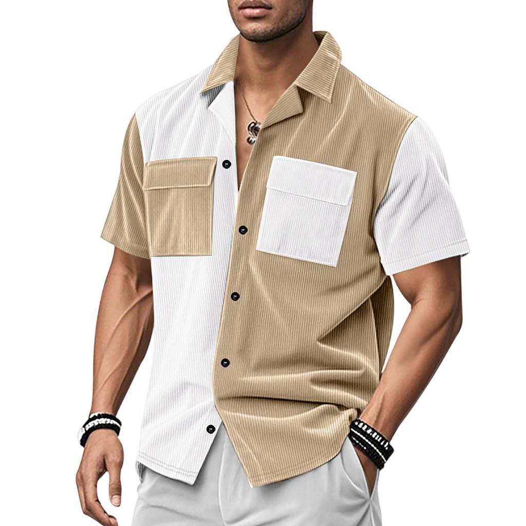 Men's Solid Color Classic Loose Linen Carburean Stand-up Collar Short-sleeved Sporty Casual Shirt Top