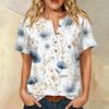 Camicia Casual da Donna con Stampa, Collo Henley, Manica Corta, Cotone e Lino, Tasca Frontale e Bottone, Vestibilità Rilassata