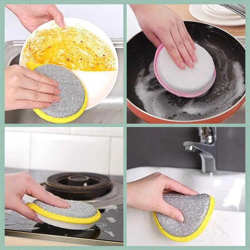 2PCS Double Side Dishwashing Sponge Dish Washing Brush Pan Pot Dish Wash Sponges Household Cleaning Reusable Kitchen Tools
