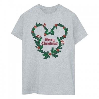 Camiseta feminina/feminina Mickey Mouse Feliz Natal Holly Cotton Boyfriend
