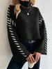 Women's High Neck Knitted Sweater Long Sleeve Striped Casual Pullover in Brown, Beige, Black, Gray